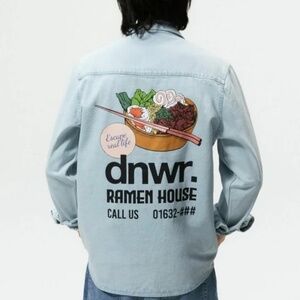 Zara Light Blue Denim Jacket with Ramen Bowl Back Graphic